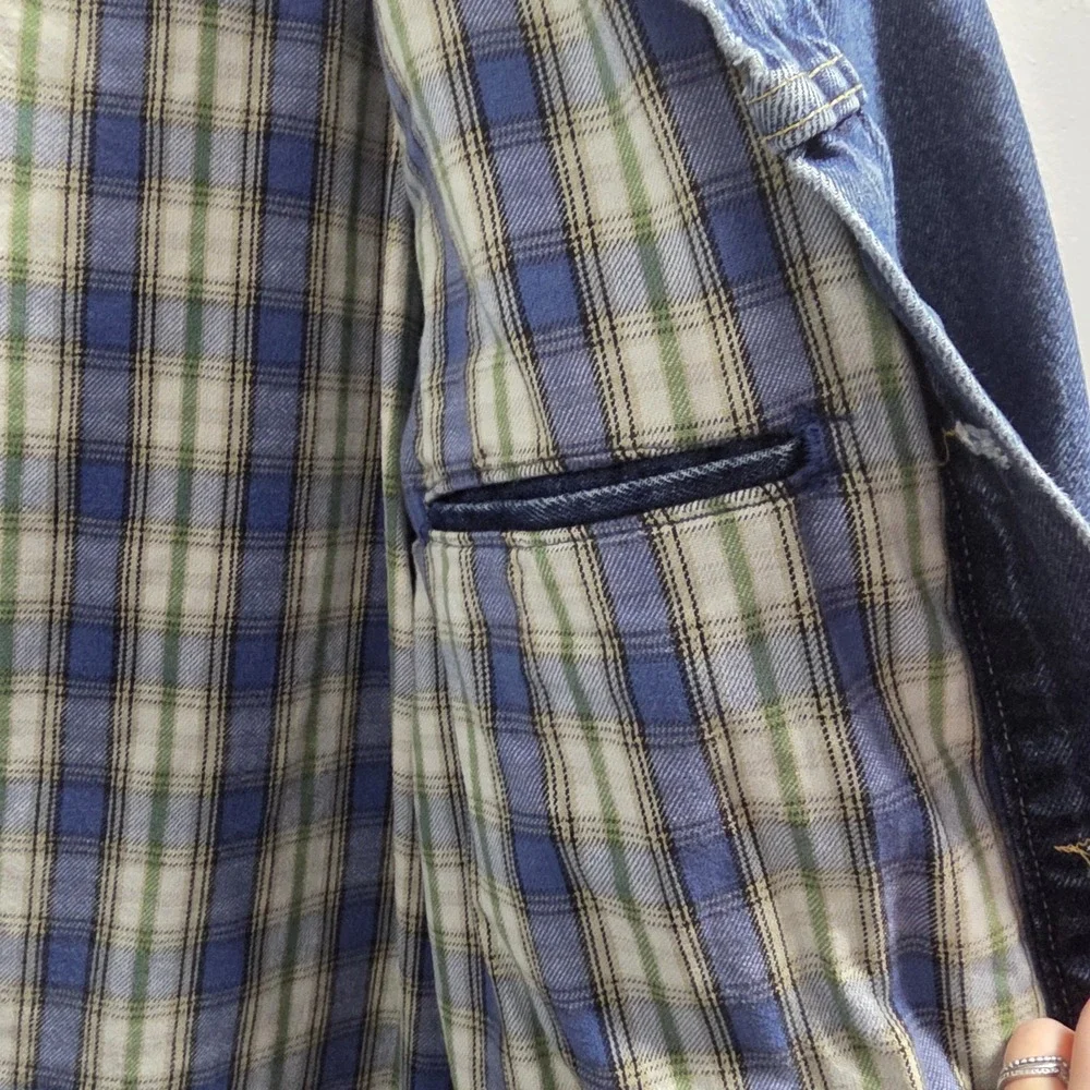 Vtg Levi Strauss Blue Denim Trucker‎ Jacket USA Green Flannel Lined Mens Size XL